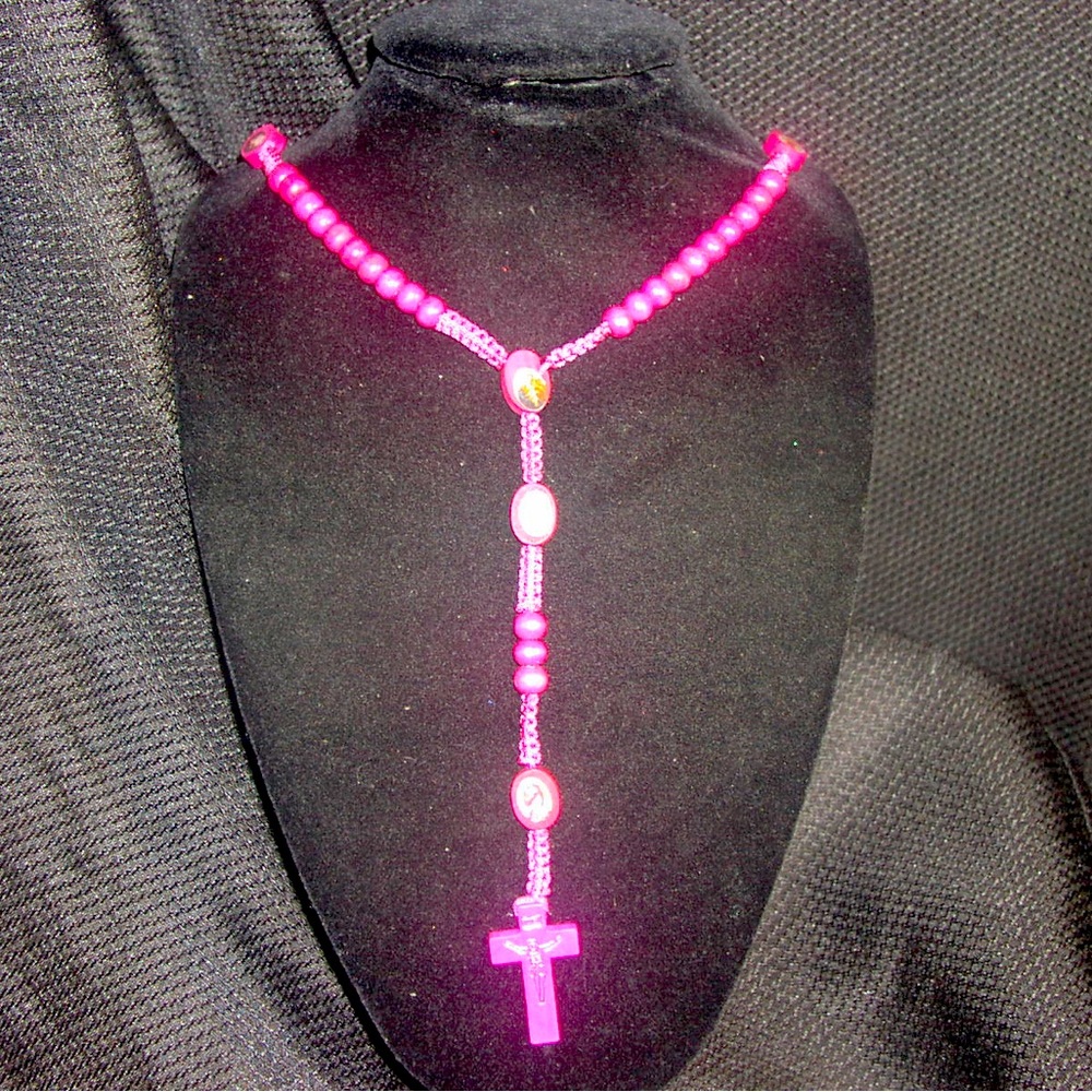 Wooden Pink Rosary with Crucifixion and Mini Religious Figures.